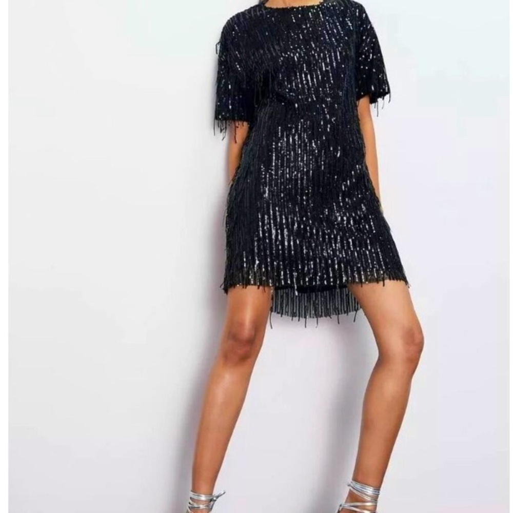 Zara Black Sequin Fringe Short Sleeve V-neck Party Flapper 20s Mini Dress XS